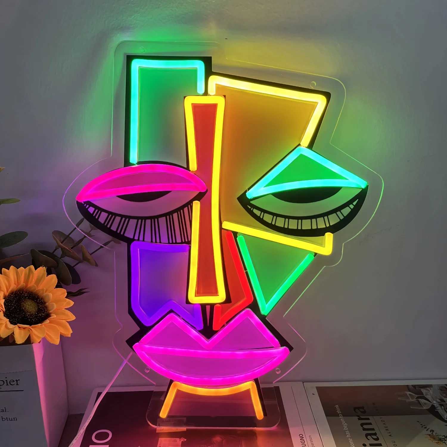 Abstract Face Neon Wall Decoration UV Printed Art Lighting for Bars Clubs Home Game Rooms and Offices Unique Birthday Gift Ideas XJ250602