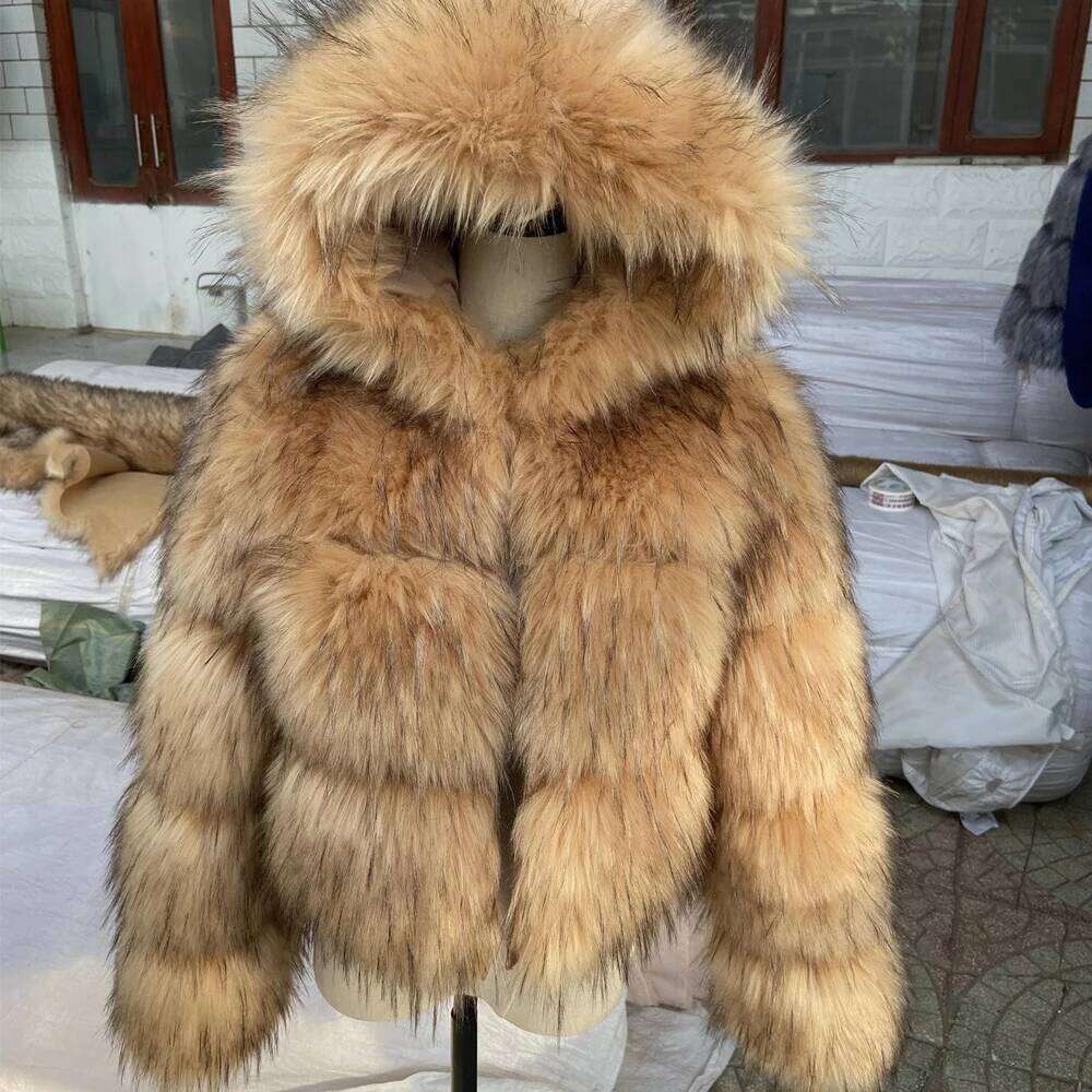 HOOOFUR Light Faux Women's Raccoon Jacket Winter Fashion Warm Thick Fox Leather Brown Especially Fake Fur Cold