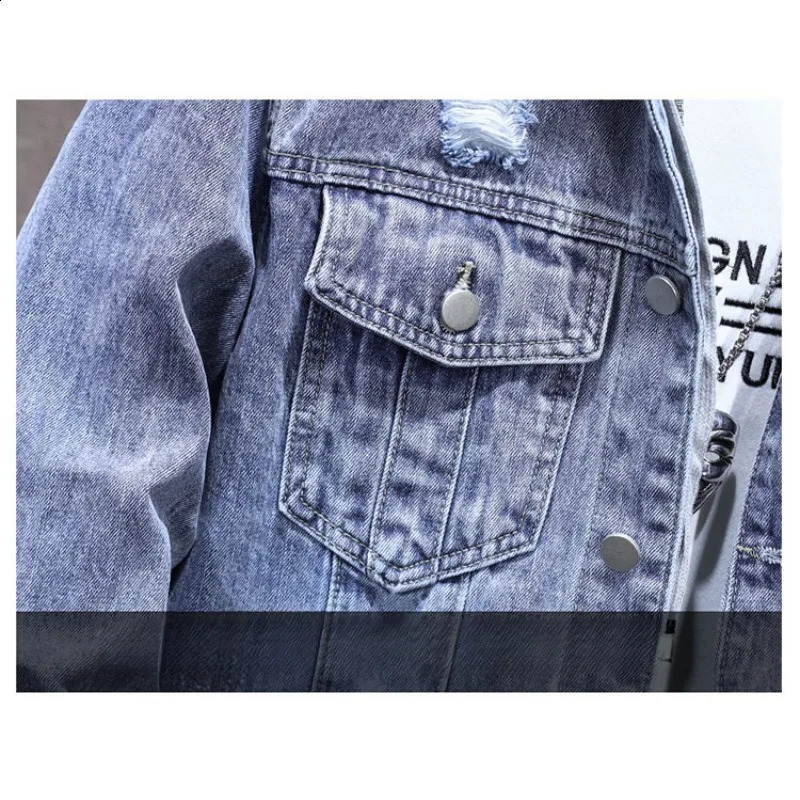 Autumn Mens Clothing Denim Jacket Fashion Hole Hooded Casual Slim Streetwear Male Coat Blue Ripped Jean Jacket 250529