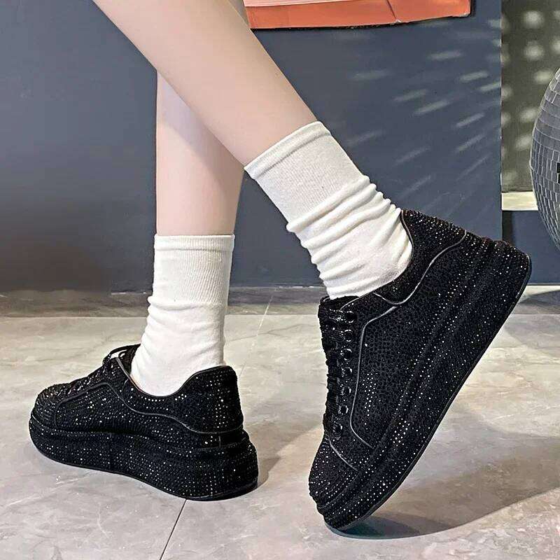 2025 New Women Platform Rhinestones Thick-Soled Black Designer Shoes Shining Crystal Trend Casual Sneakers