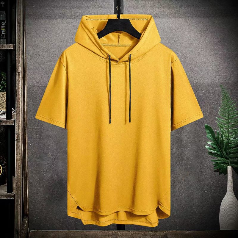 Men's Hoodies Solid Color Men's Hooded Short Sleeved T-Shirt Men's Summer Breathable Loose Hooded Sweatshirt Trendy Men's Thin Fit