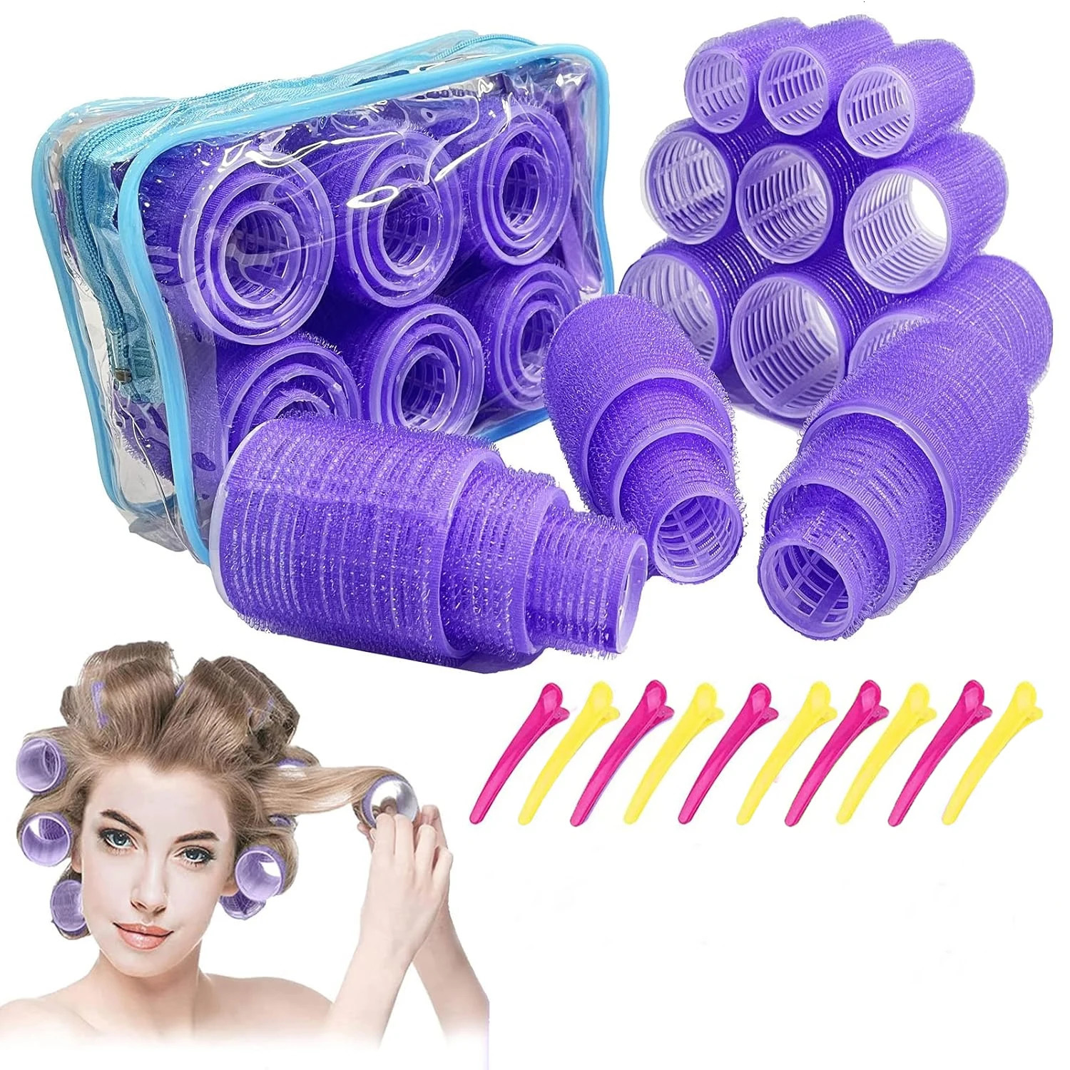 18pcs Heatless Hair Rollers Set with Clips Comb - Self Grip Rollers for Curls 3 Sizes 3.6/5.0/6.0cm - Salon Trave 250603
