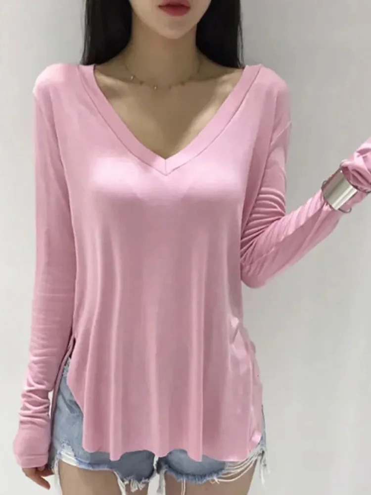 Casual V Neck T Shirt For Women Spring Korean Style Woman Clothes Basic T Shirts Long Sleeve Tops Loose Tee Shirt Camisetas 250603