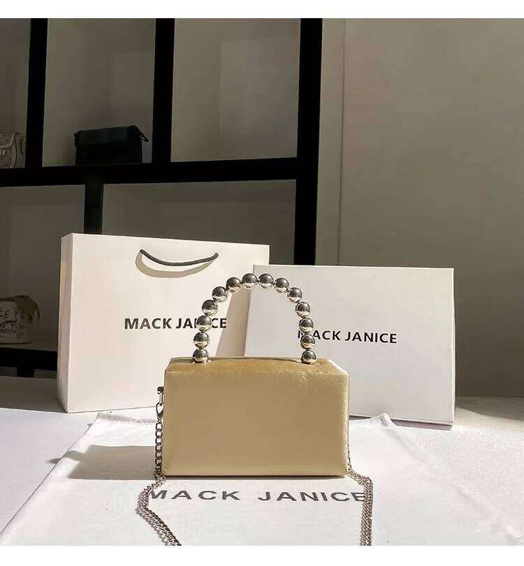 Satin Square Fashion Women Handbag Beads Beaded Handle Evening Wedding Party Clutch Purse Shoulder Crossbody Bag