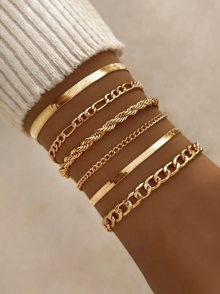 6pcs Punk Style Simple Cold Tone Chain Fashion Bracelet Set Suitable For Womens Daily Wear 250528