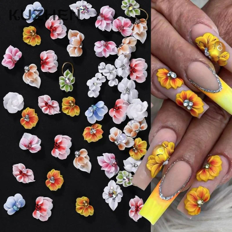 30Pcs 3D Handmade Acrylic Carved Flower Nail Art Charms Pearl Rhinestone Sculpted Floral Jewelry Cherry Blossom Nail Supplies 250528