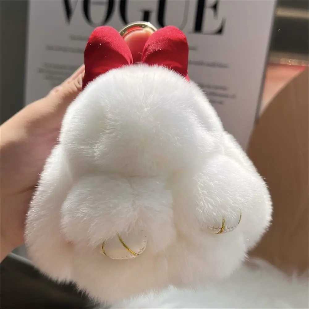 Hair Bow Rabbit Fur Keychain Pompoms Plush Dolls Bunny Keychain Bag Charm Cute Fluffy Plush Rabbit Key Ring Couple Pendant XJ250602