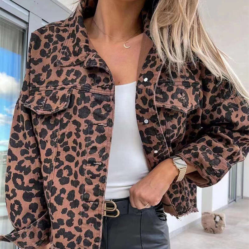 Trendy Washed Vintage Leopard Print Frayed Denim Jacket For Women B5