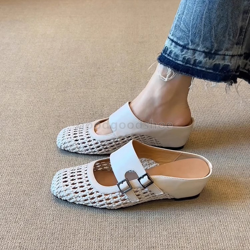 designer sandals retro heels half slippers women square head woven breathable hollowing sandal black white sandale elegant daily walk med heel women s
