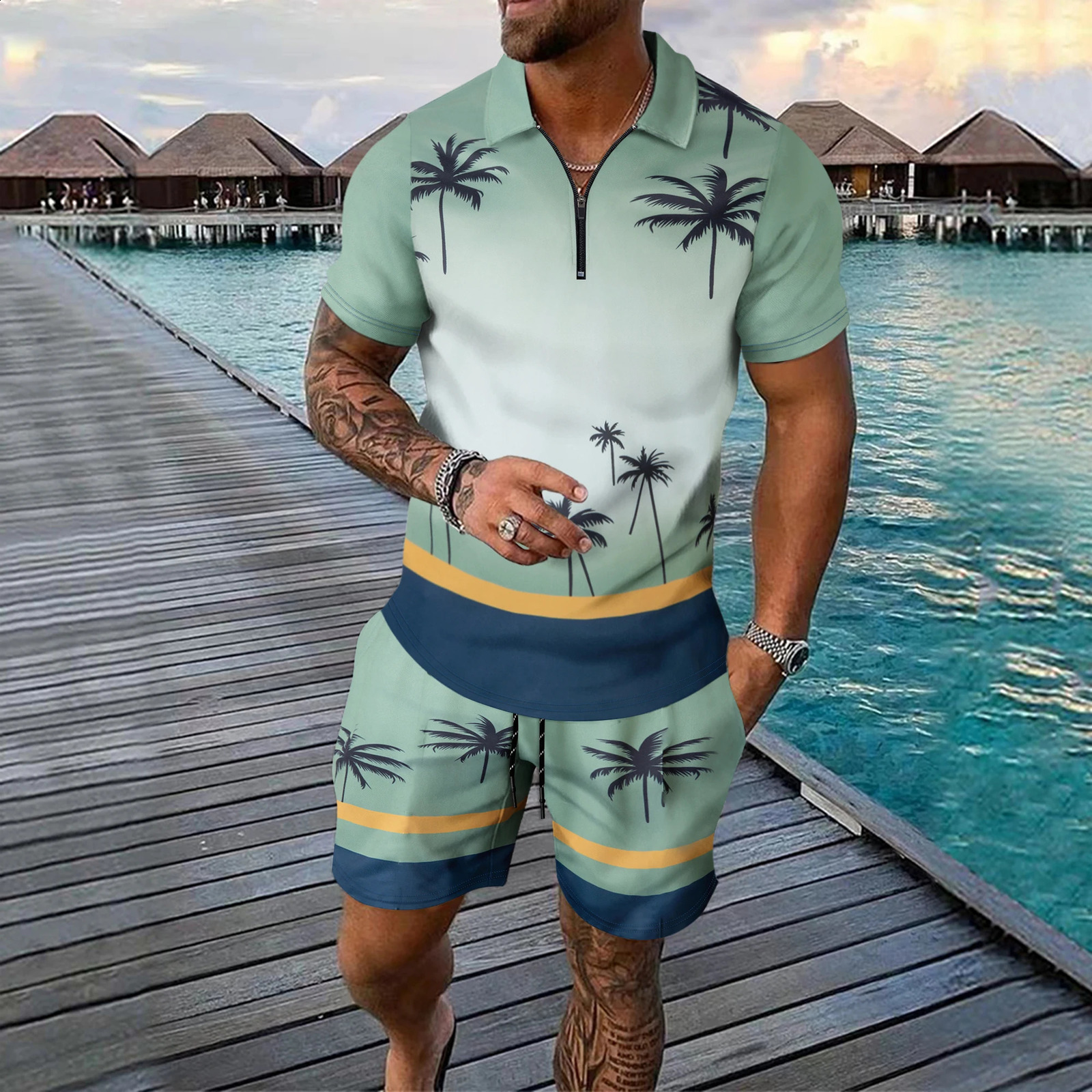 Fashion 3D Coconut Tree Print Mens Sets Short Sleeve Polo Shirts Shorts 2 Piece Outfit Summer Casual Zip Tees Street Suit 250530