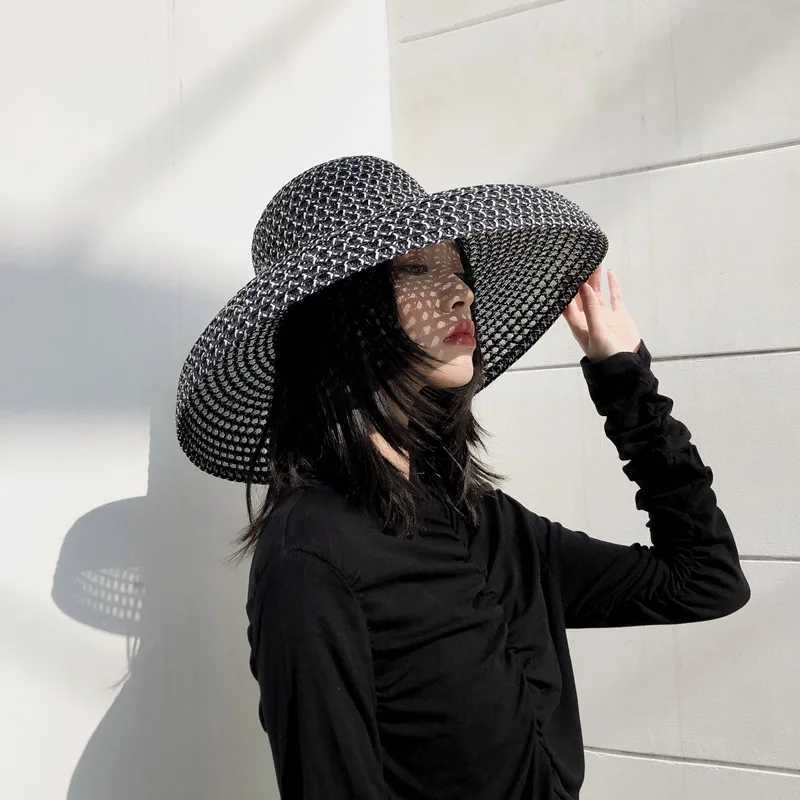 Summer PP black and white straw hat sun hat sunscreen holiday seaside beach big brim summer sun hat W250602