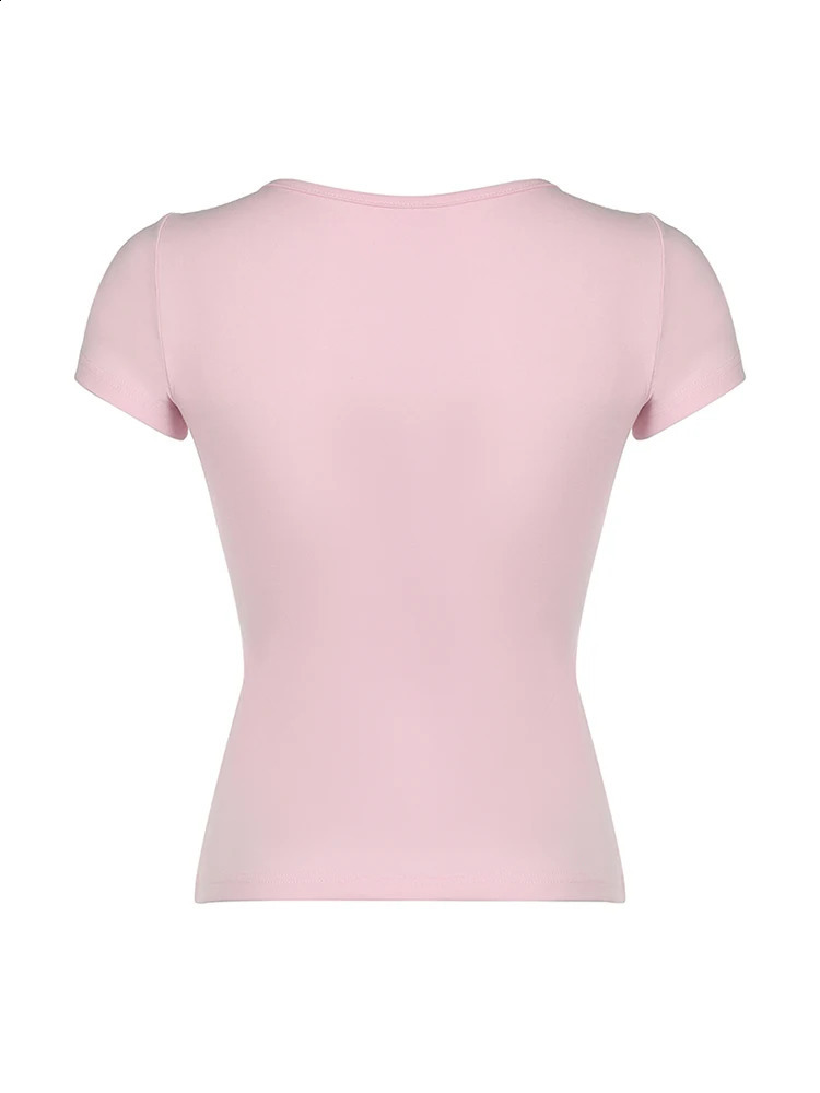 Japanese Kawaii Contrast Lace Tie Bow Square Collar Slim Short Sleeve Black T Shirt Women Pink Sweet Balletcore Cute Tees 250521