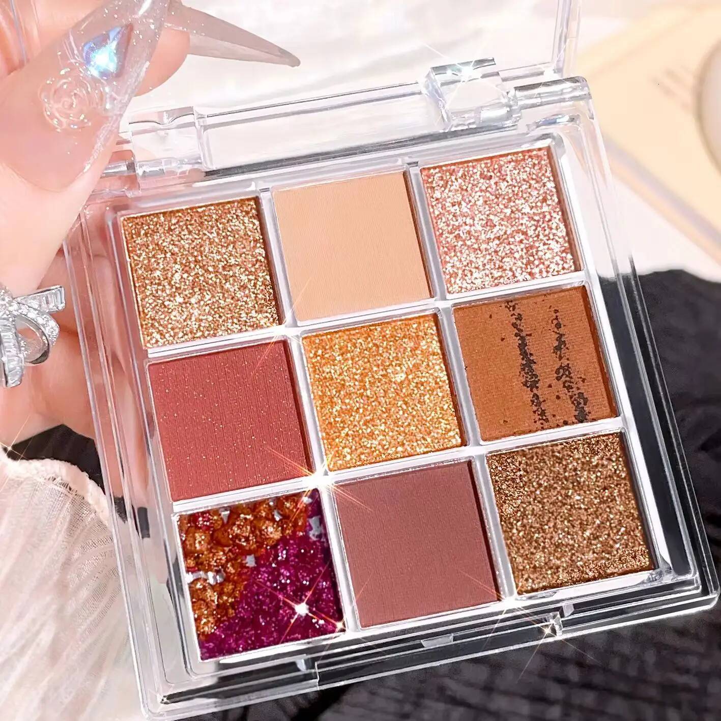 Summer 9 color eyeshadow palette: Orange brown, pink and gold, matte shimmer effect, lasting makeup, keep glitter rose Eyeshadow