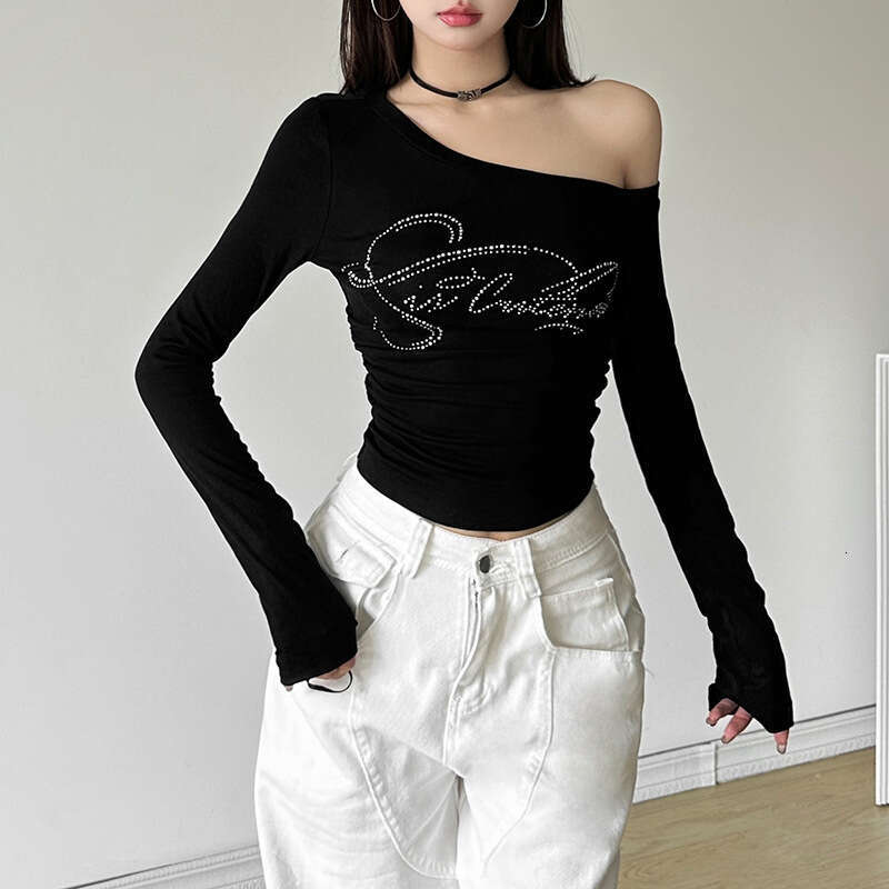 Fashion Autumn New Women's Sexy Hot Girl Off-Shoulder Rhinestone Slim Fit Irregular Top B5