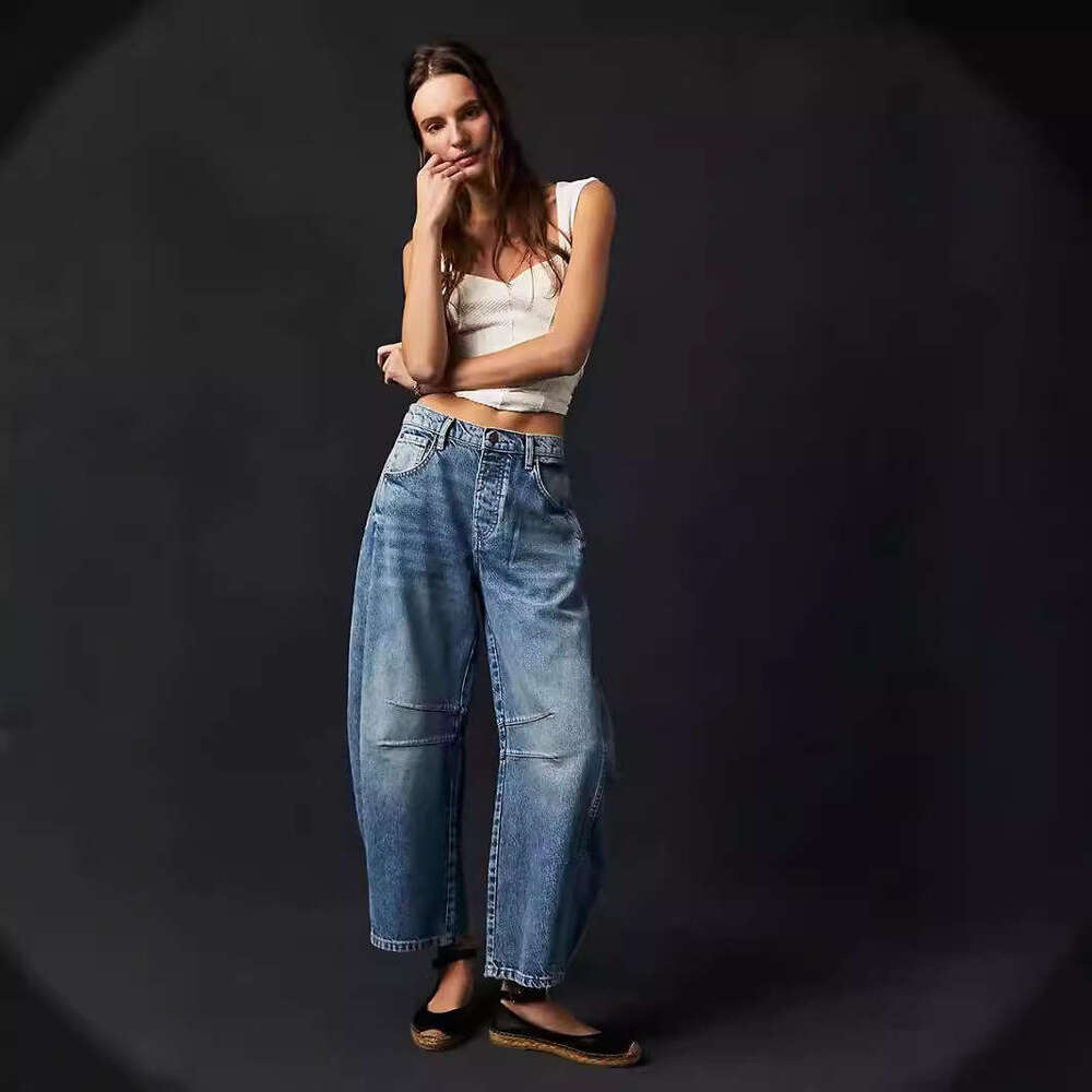 Loose Wide-Leg Mid-Low Waist Washed Denim Long Pants For Women B5