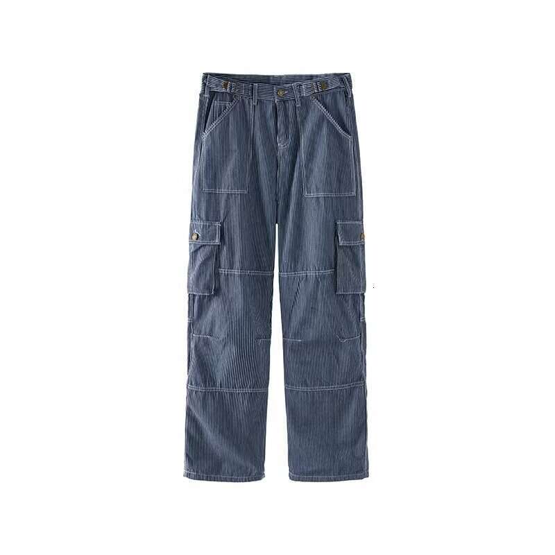 Trendy High Street Workwear Jeans For Men Women, Spring And Autumn American Style Washed Elastic Waist Straight Wide-Leg Floor-Length Pants B5