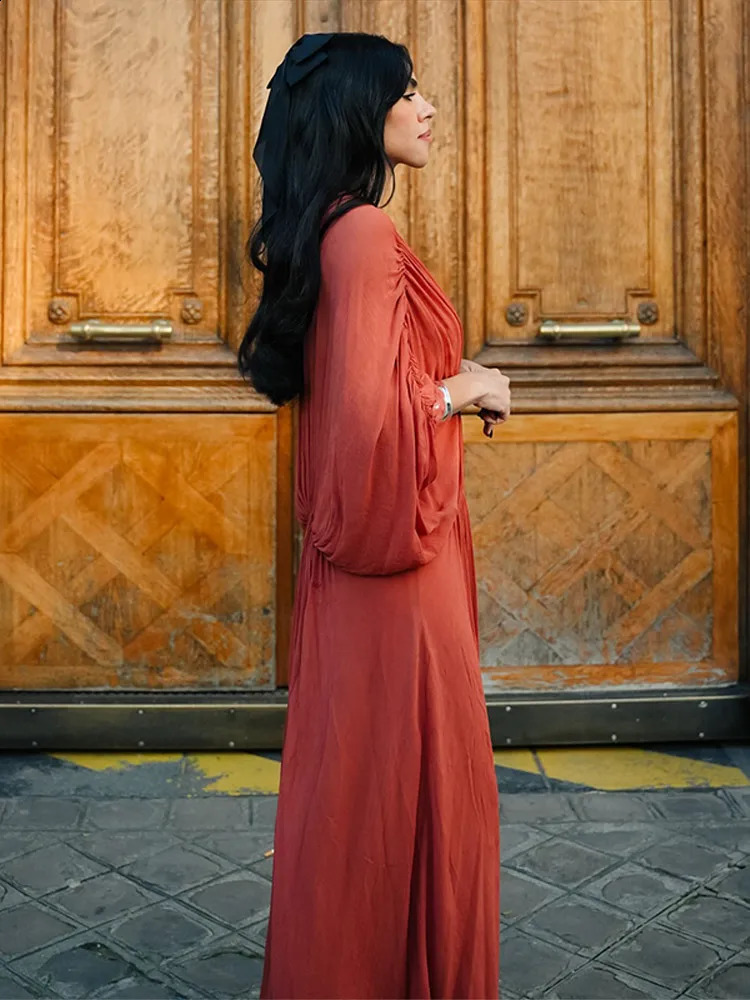 Casual Pleated Women Long Dress Orange V-neck Long Batwing Sleeve Patchwork Female Dresses Spring Summer Party Lady Robe 250530