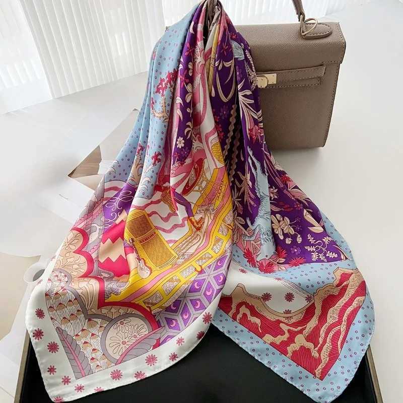 68cm Yellow Chain Horse Printed Scarf for Women Thin Imitation Silk Scarf Simple Light Luxury Style Scarves Headscarf Shawl W250602