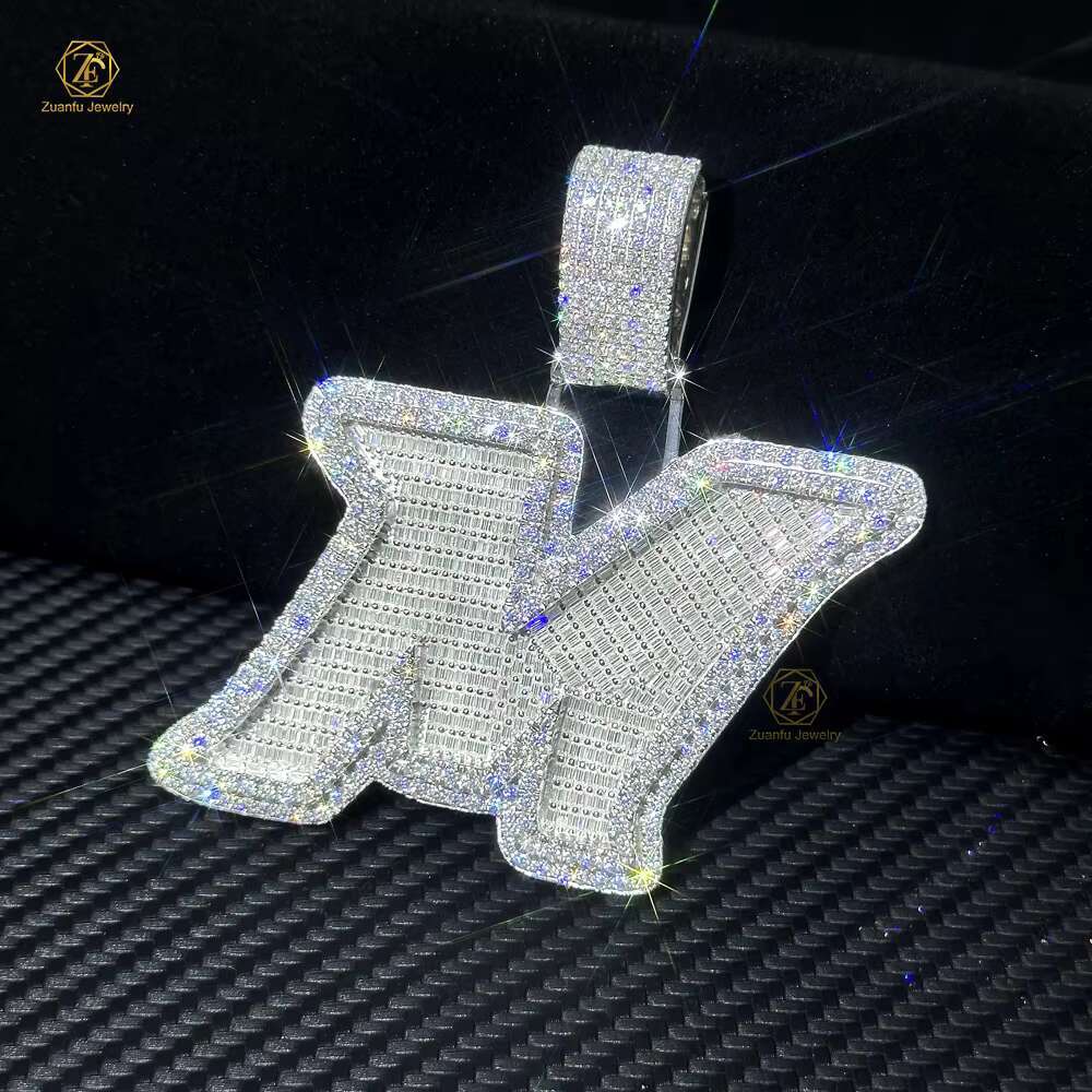 Custom Personalized Hip Hop Jewelry Baguette Moissanite 925 Silver Initial Letter M Iced Out Pendant With Cuban Chain