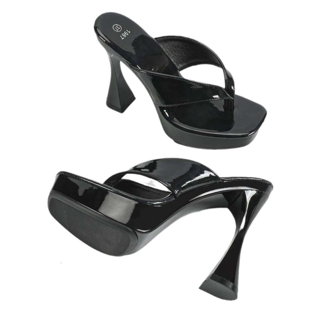 Super High Heels 1987-Q14 New 12Cm Sexy Fashion Nightclub Chunky Heel Square Toe Non-Slip Flip-Flops Platform High Heels