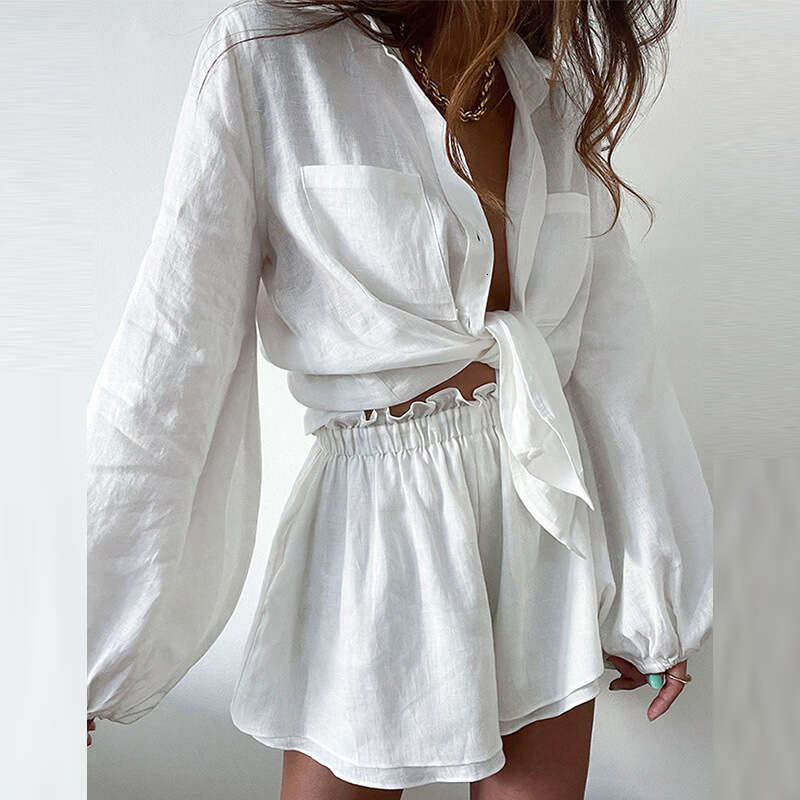 European and American solid color ruffled shorts shirt women's two-piece set 2025 new casual versatile fashion clothing