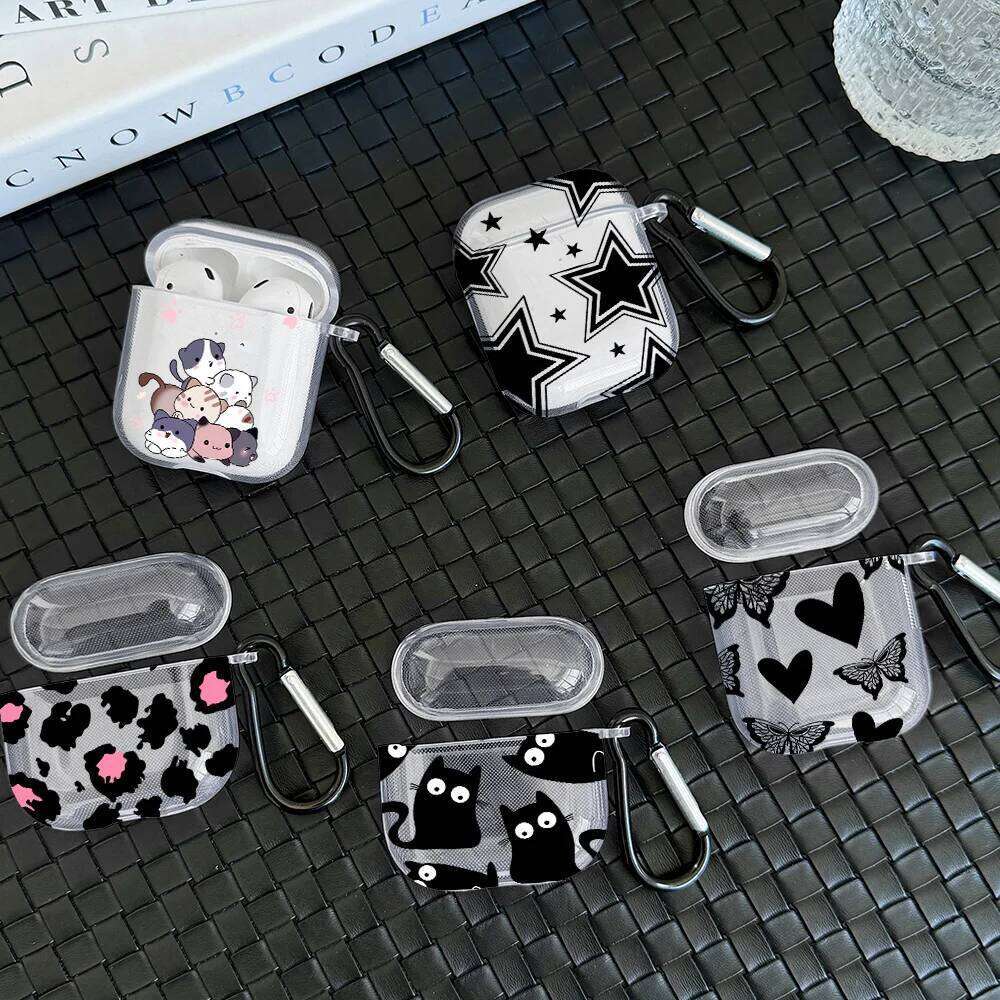 Cute Black Cat Design Pro 2/Pro TPU Earbuds Case For 4 2024 3 1 2 Gen Cover with Keychain Accessory