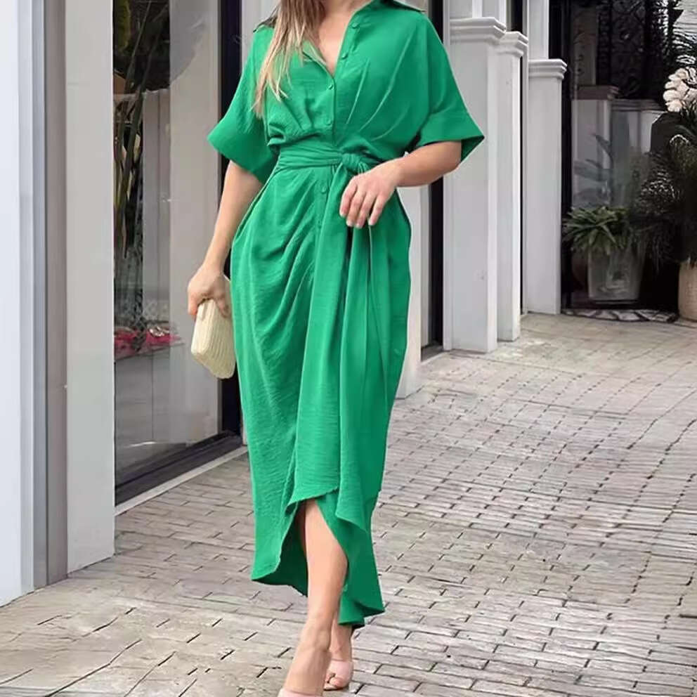 Summer Lace Up Waist Cinching Short Sleeved Single Breasted Solid Color Shirt European and American Dress Women's 2025 New Casual Fashion Trend C
