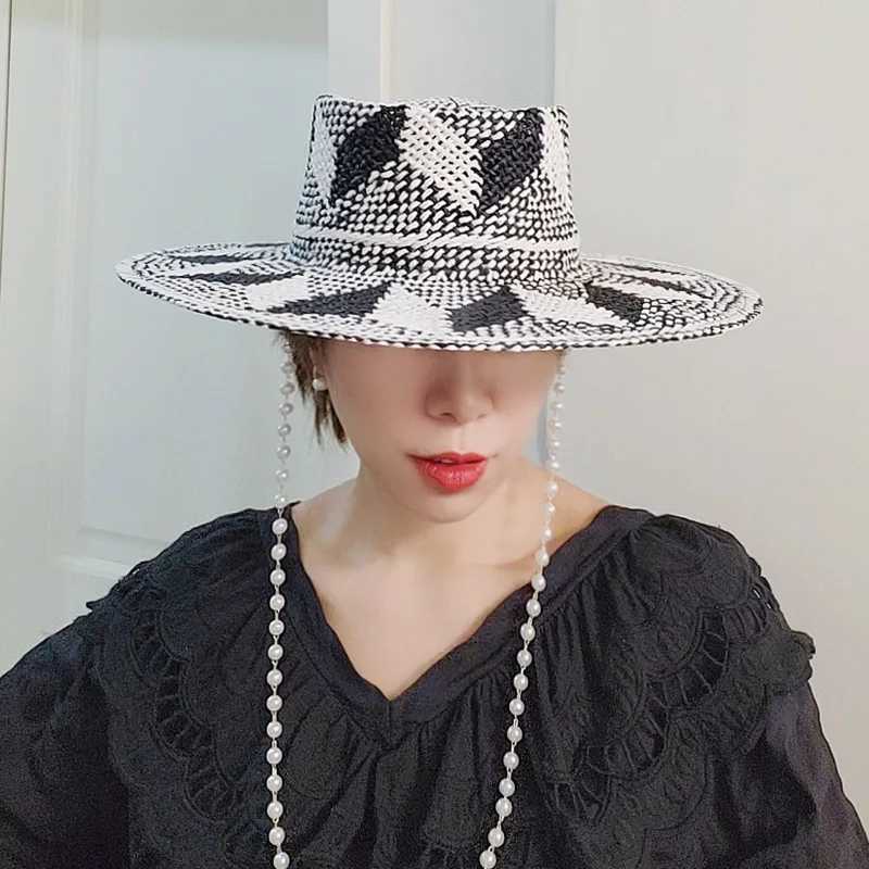 Black White Pattern Toquilla Straw Hats Summer Panama Hats Pearls Chain Sun Hats for Women Men Handmade Fedora Beach Travel Hat W250602