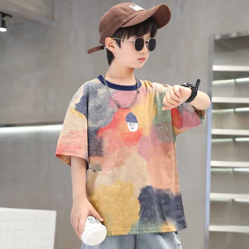 Summer Tie-Dye Cool Kids Boy Casual Tops Print Trendy Childrens T-shirt Short Sleeve Teenager Tees Cotton Tshirt 4-14 Years Old T250603