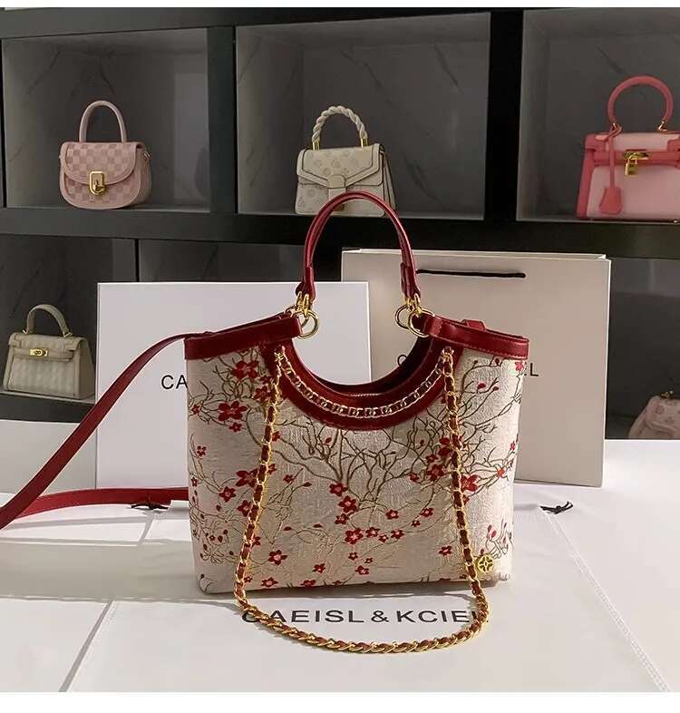 Large Capacity Fashion Embroidery Floral Tote High Quality Textured Leather Women Handbag Shoulder Crossbody Wedding Bag
