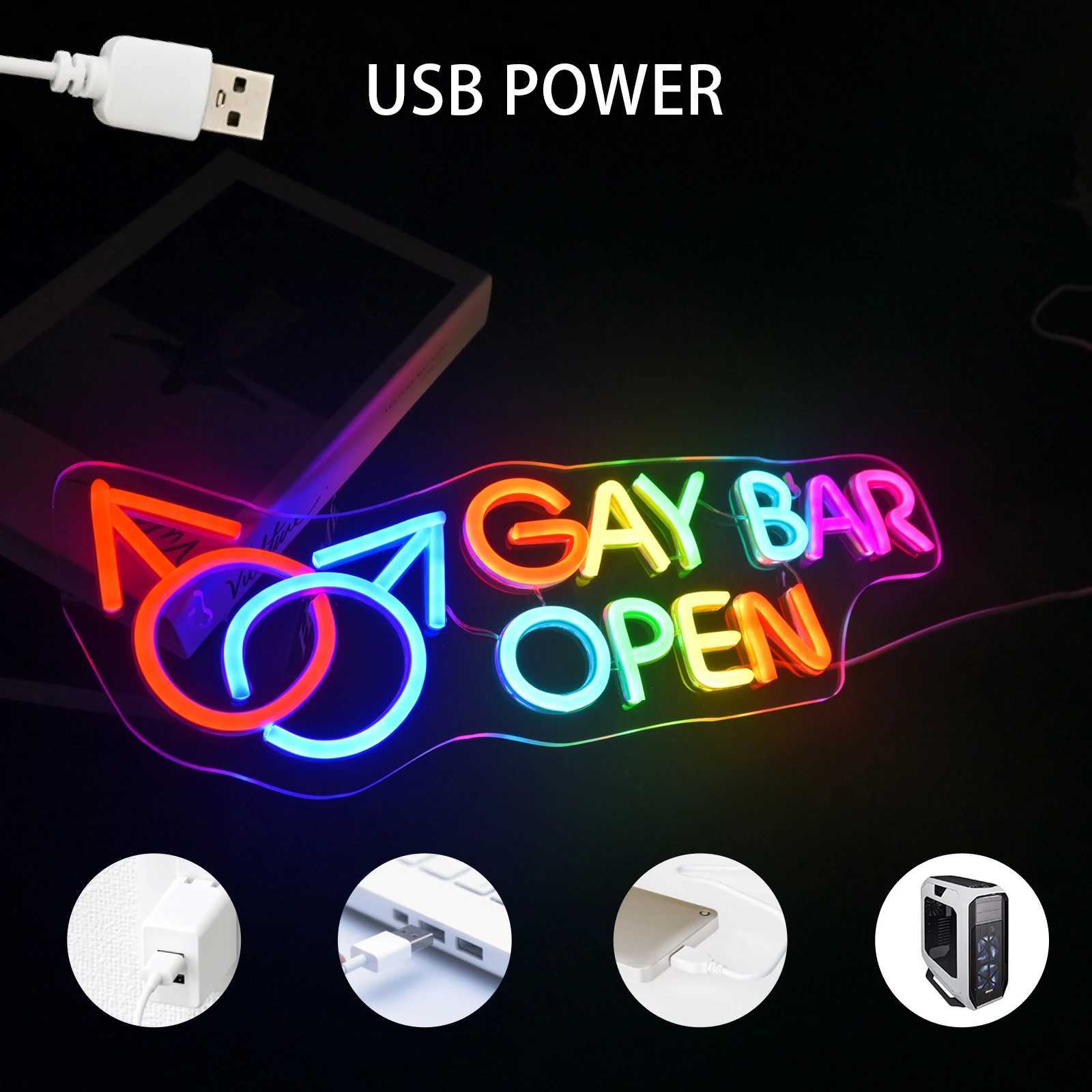 Gay Bar Open Neon Sign Wall Art Decor USB Powered LED Neon Sign Business Bar Shop Open Signs Bistro Store Party Decor XJ250602