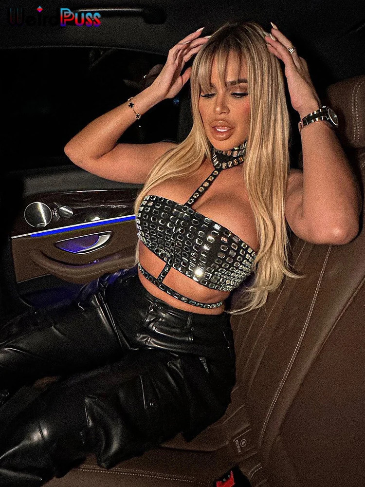 Weird Puss Sexy Tank Tops Women Glitter Rhinestone Midnight Backless Sleeveless Chic Skinny Wild Clubwear Party Necklace Vest 250529