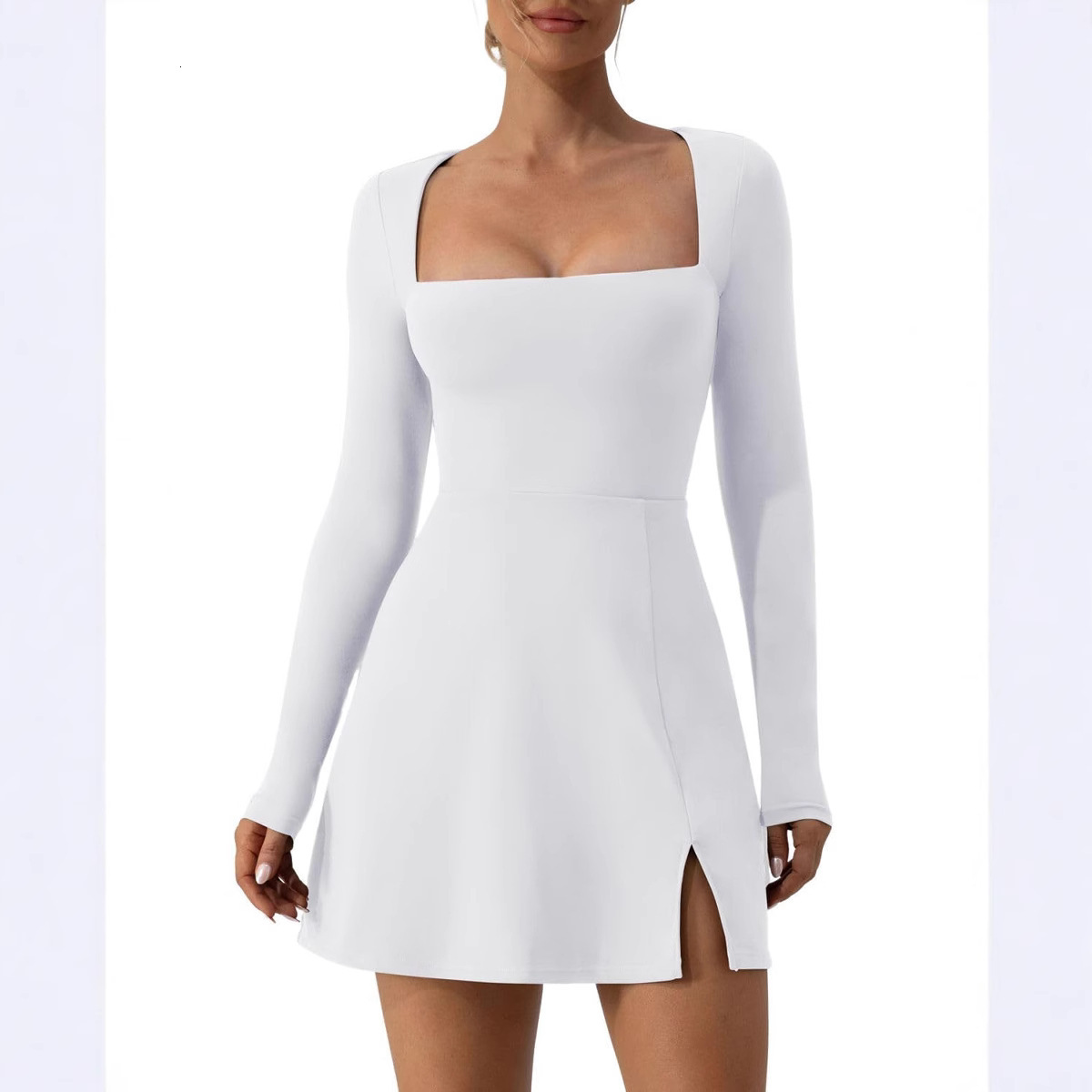 women's wear S32199 Women's Square Neck Tight Corset Long Sleeve Slit Flared Mini Dress