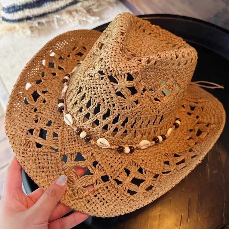 Summer with Shell Beach Hat Women Western Cowboy Hat Wide Brim Sunscreen Sun Hats for Outdoor Breathable Hand-Woven Straw Panama W250602