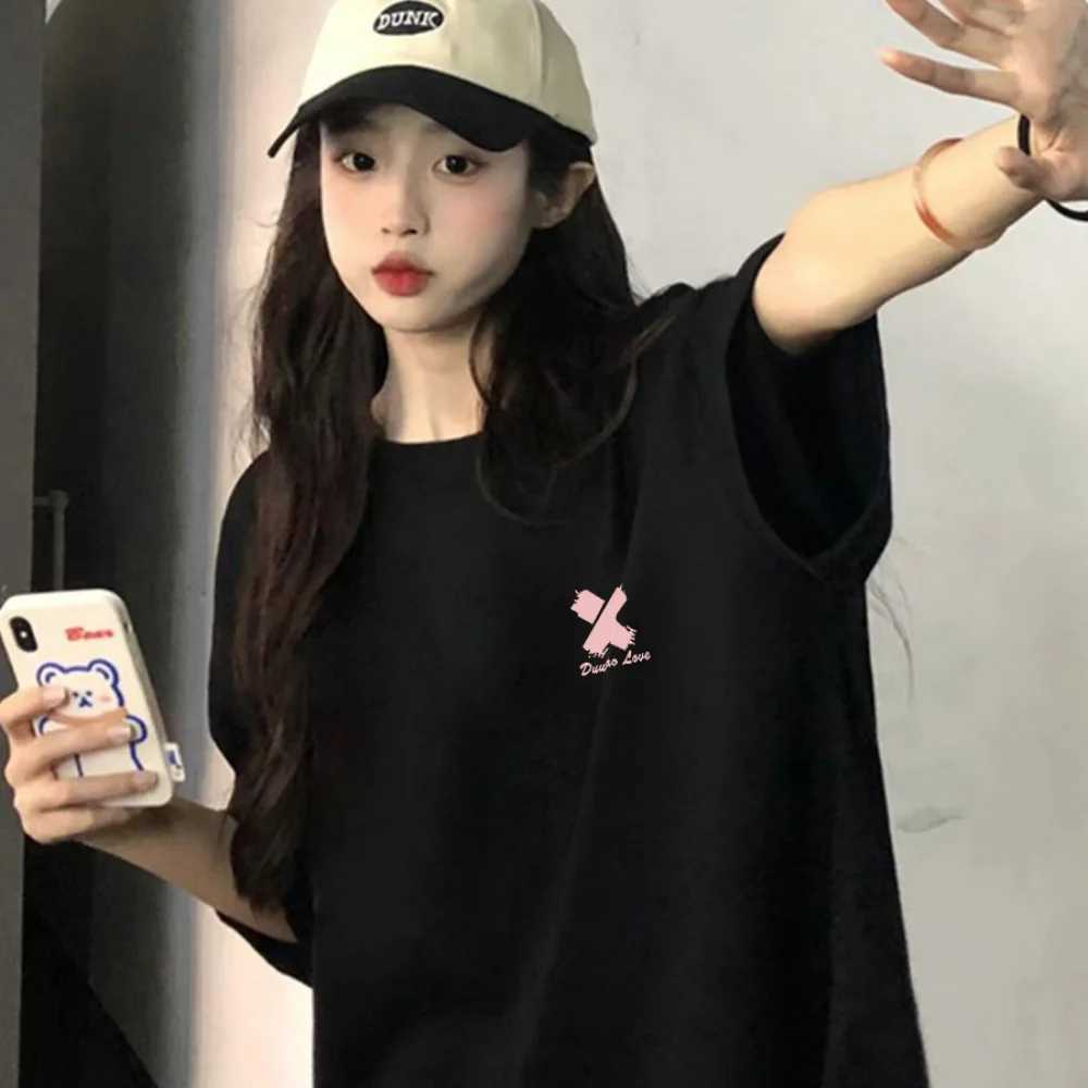Black Cotton Short-Sleeved T-Shirt for Girls in Summer 2025 New Loose Half-Sleeved Top T250603