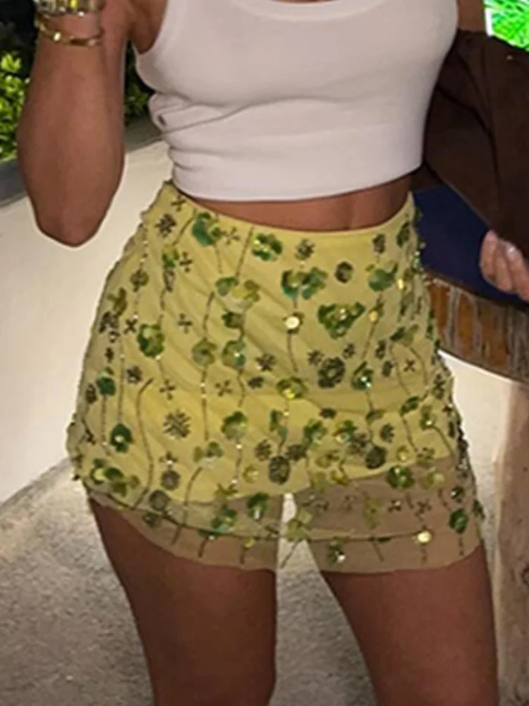 Chic Beaded Embroidery Short Skirts For Women Y2k Sequins Glitter Hip Package Mini Skirt Summer Party Club Female Skirt 250603