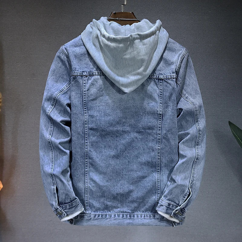 Autumn Mens Clothing Denim Jacket Fashion Hole Hooded Casual Slim Streetwear Male Coat Blue Ripped Jean Jacket 250529