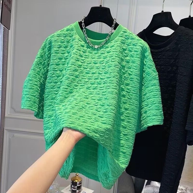 2025 New Summer Men's T-shirt New Summer Unique Design Fluffy Short Sleeve Loose Casual Wrinkle Solid Color Versatile Designer Fashion Trend Text