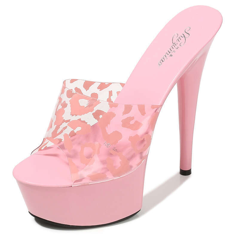 Super High Heels Leopard Print Heels Nightclub Sexy Women's Shoes Waterproof Platform Roman Peep Toe Elegant Super High Heel Slippers Platform Hi