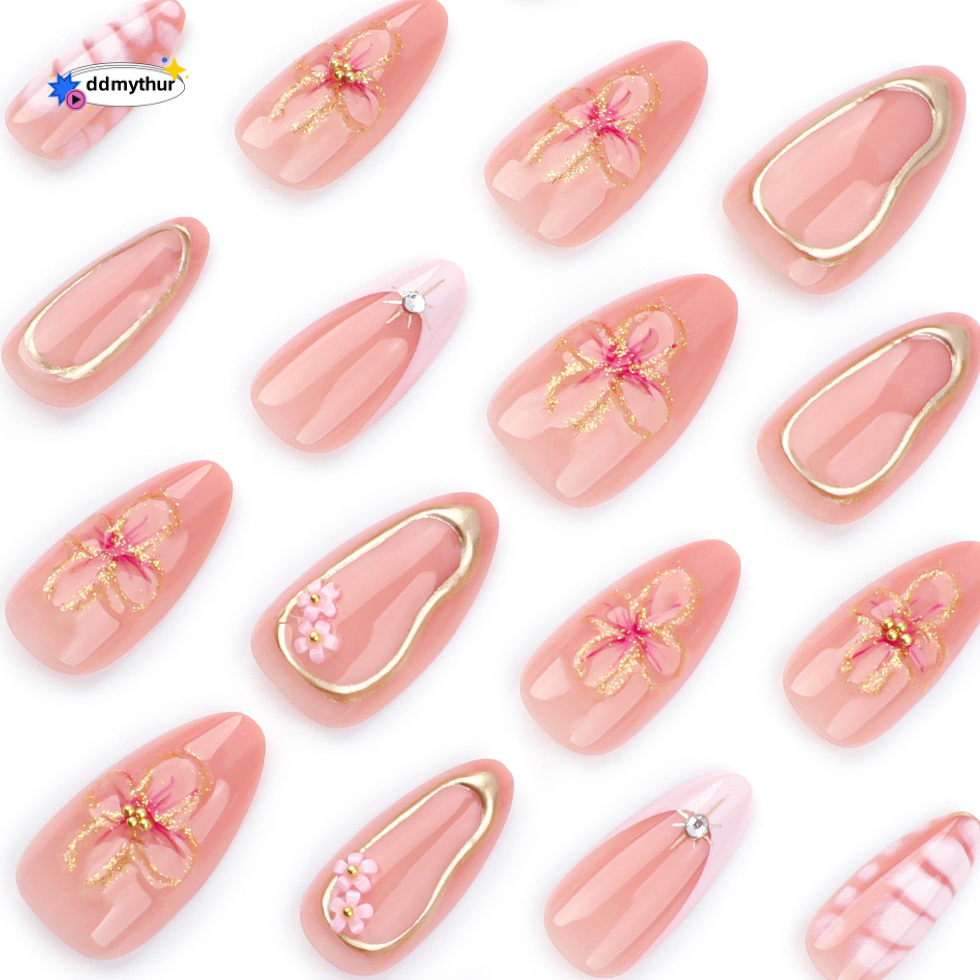 New Pink French Crocodile Pattern Art Detachable Nail Tips Glitter 3D Flower Fake Gold Foil Wearable Nails ddmythur
