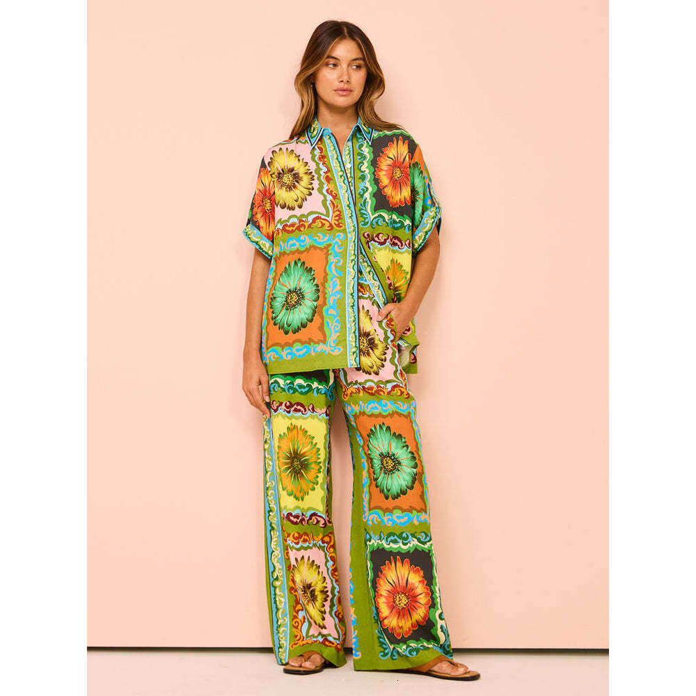 Women's Fashion New Printed Elastic Waist Pocket Wide Leg Pants Casual Set For Summer B5