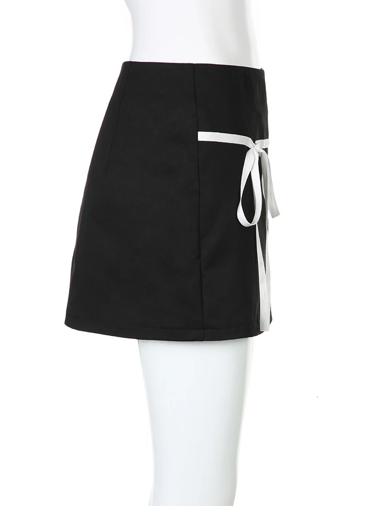 IAMSURE Sweet Basic Patchwork Bandage A-Line Skirt Casual Slim Low-Waisted Mini Skirts Women Summer Fashion Streetwear Lady 250603