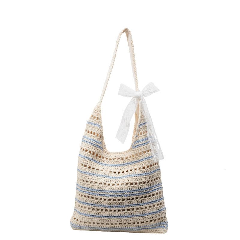 designer Casual Large Capacity Bucket Bag for Women 2025 Summer New Knitted Hollow Underarm Bag Striped Versatile Commuter Shoulder Bag