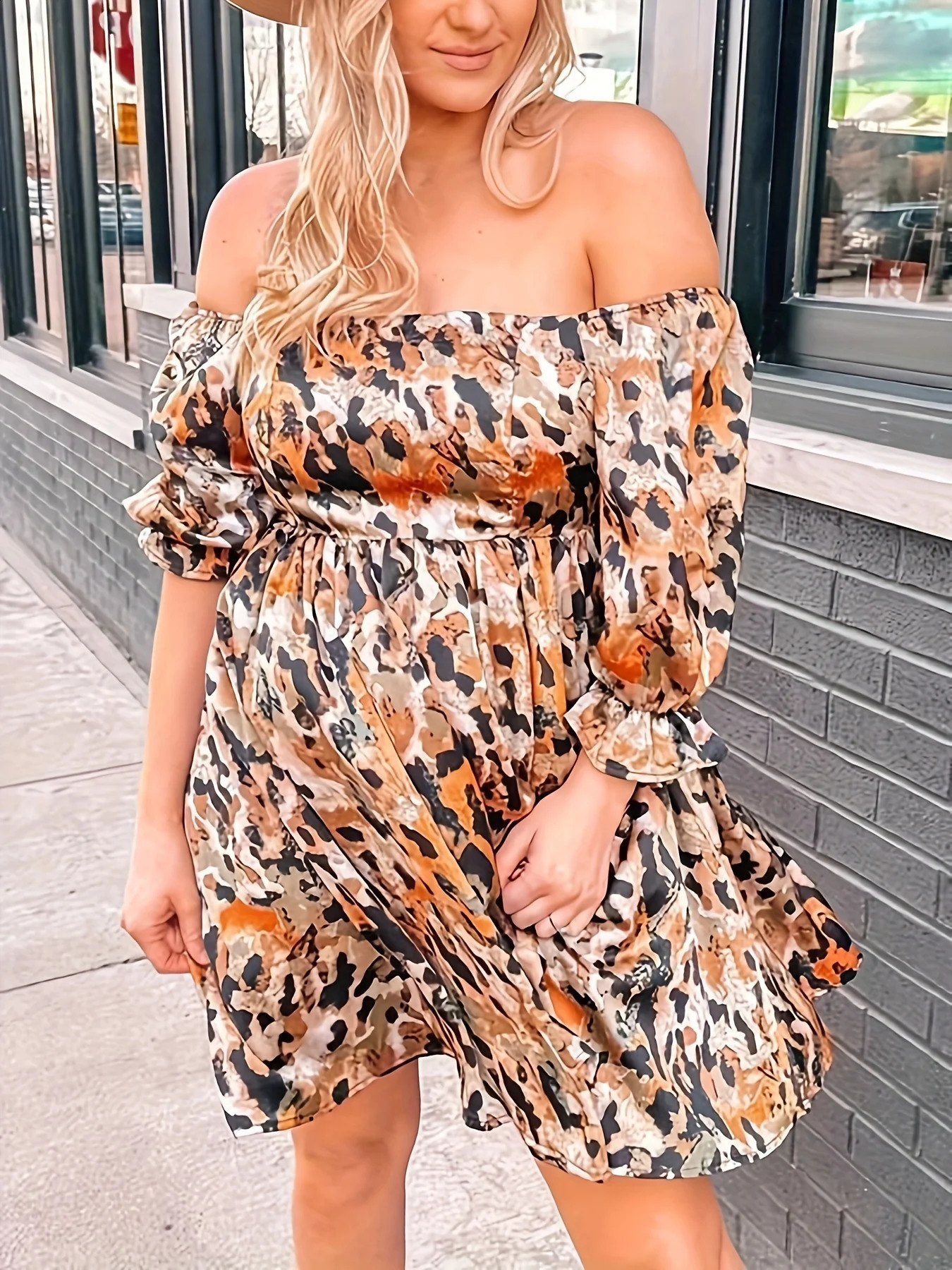Plus size spring and summer clearance burst a line collar leopard print dress big half sleeve 250526