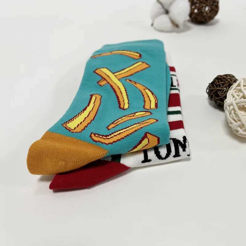 1 Pair Unisex Funny AB Style Tomato Ketchup French Fry Printed Mid-Calf Socks Suit In All SeasonsT250602