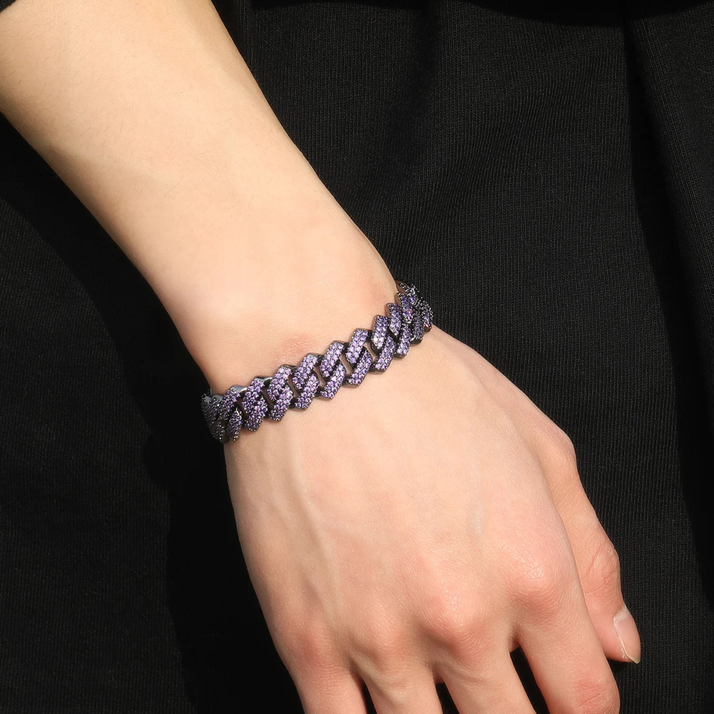 UWIN 13mm Prong Curb Cuban Bracelet Iced Out 2 Rows Purple CZ Stones Black Color Bracelets for Women Fashion Jewelry for Gift 250530