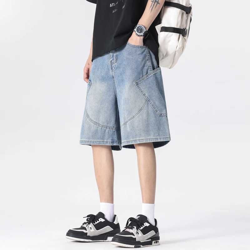 Vintage Denim Shorts Men Summer Thin Fashion Student Korean Casual Loose Big Pocket Wide Short Jeans Male Streetwear T250603