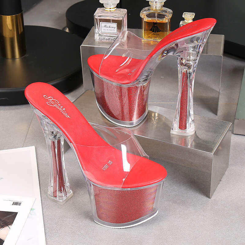 Super High Heels New Korean Style Sexy Nightclub Super High Chunky Heels Waterproof Platform Sandals Transparent Crystal Shoes For Outdoor Wear Platfo