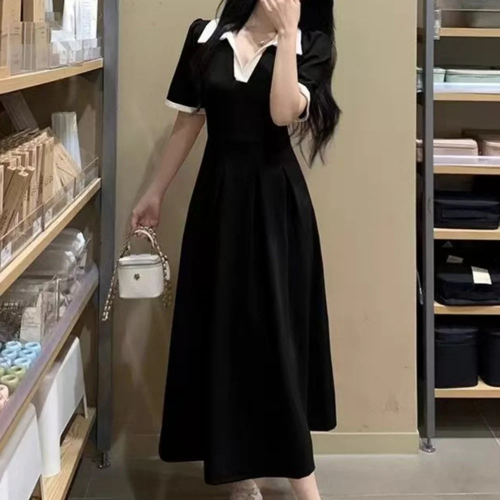 Chic Office Ladys Black Dress Plus Size Short Sleeve Midi Elegant Womens Loose ALine 2025 Korean 250526
