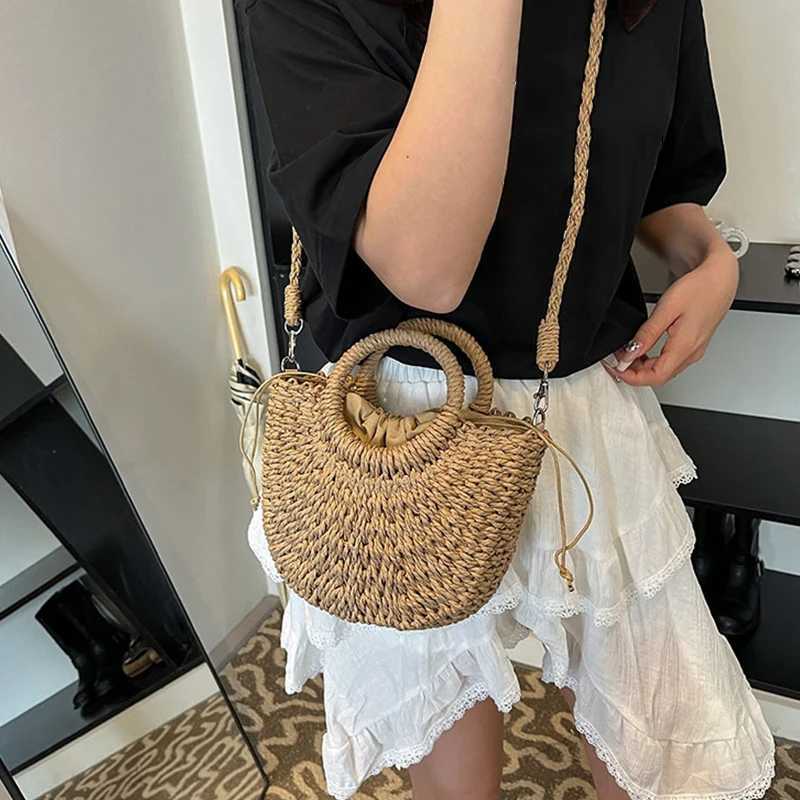Orange Str Bag Women Rattan Hand-Woven Handbag Small Half Moon Design Shoulder Crossbody Bag Lady Fashion Beach Bag Y250603